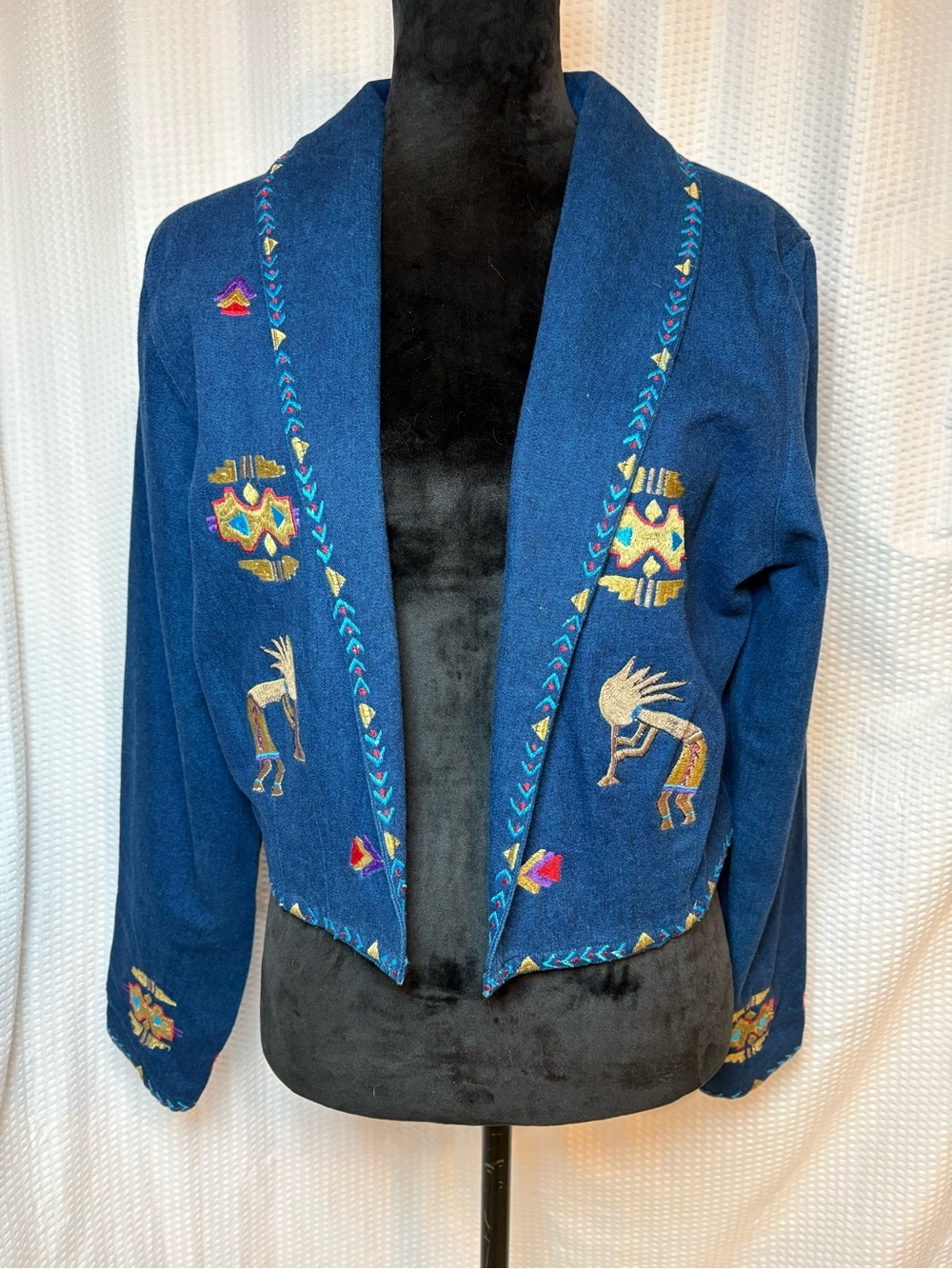 New Identity VTG 100% Cotton Denim Bolero Jacket Unique Tribal Design Size L